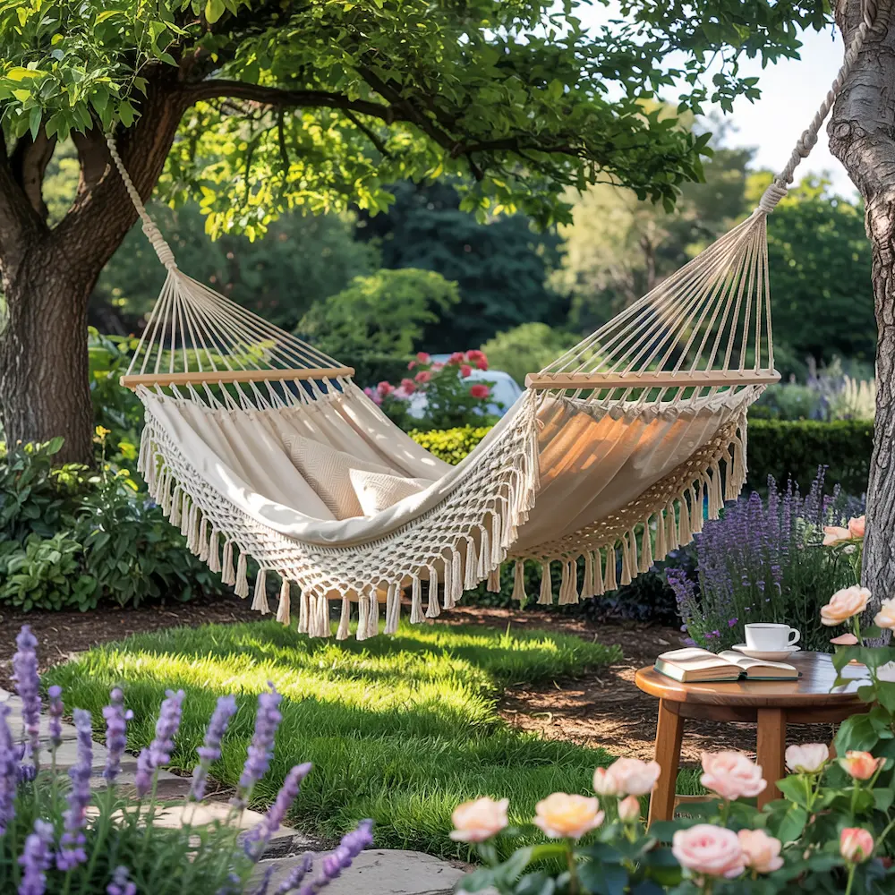 Hamaca hecha de macramé de fondo jardin