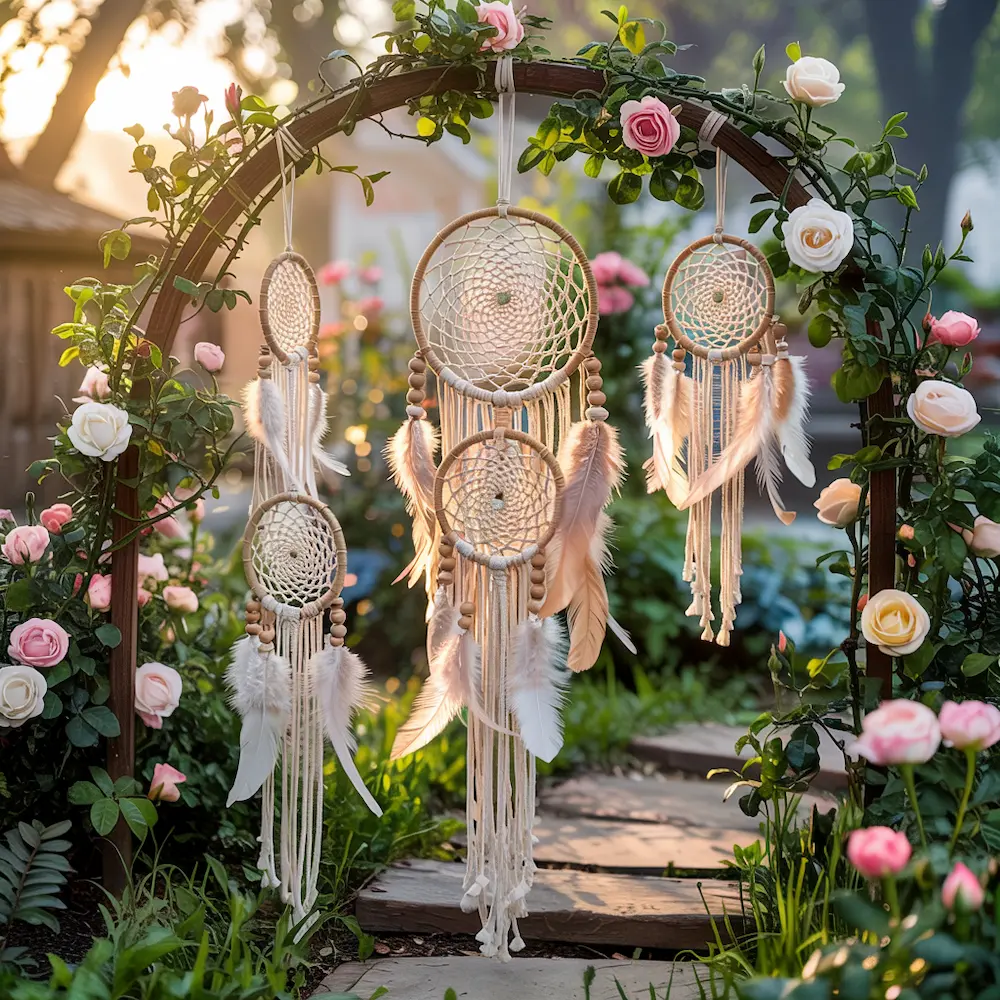 Atrapasueños hechas de macramé y de fondo jardín