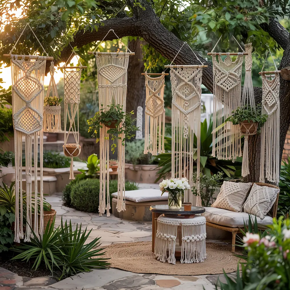 Cortinas hechas de macramé en jardin