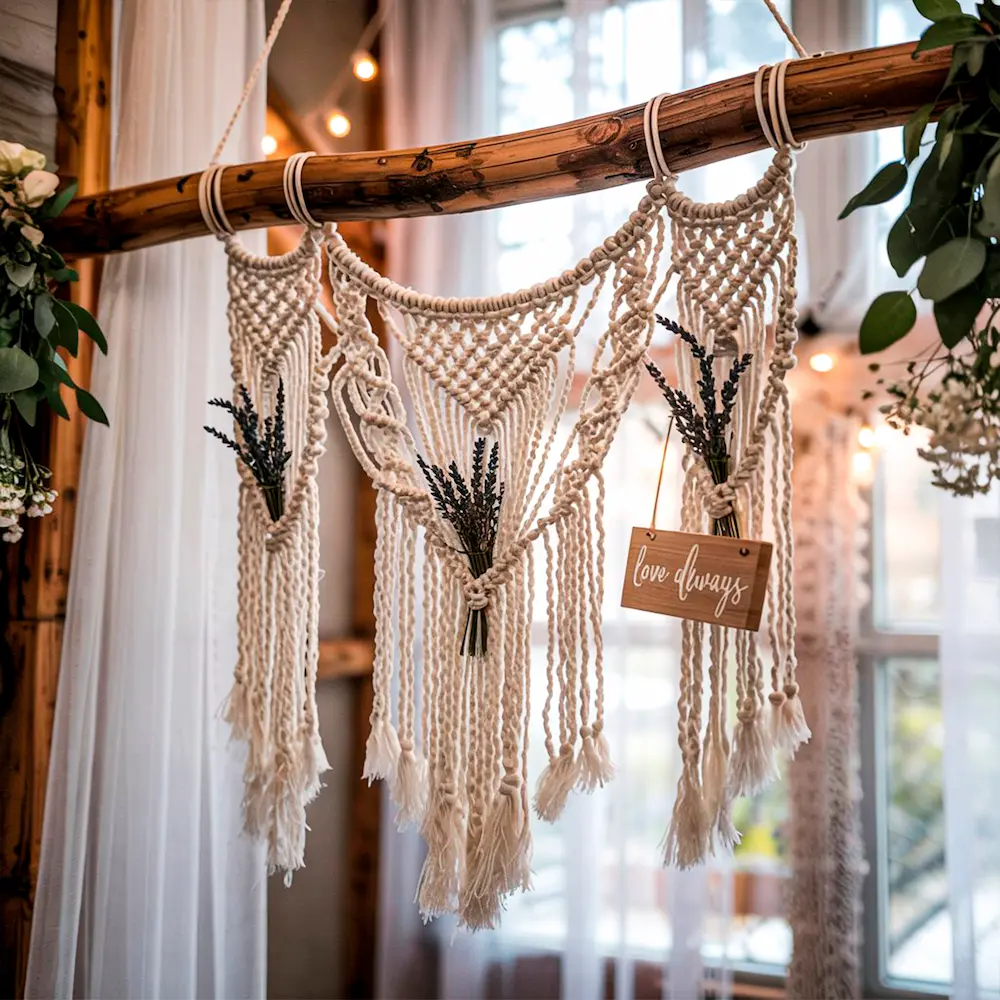 Cortina de macramé colgada de tronco de madera