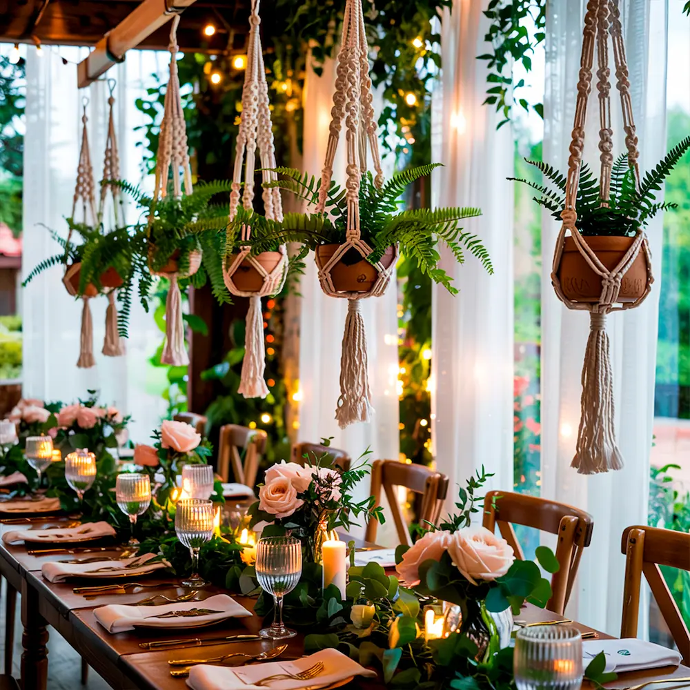 Mesa decorada con rosas, copas de vidrio, velas y macetas colgadas.