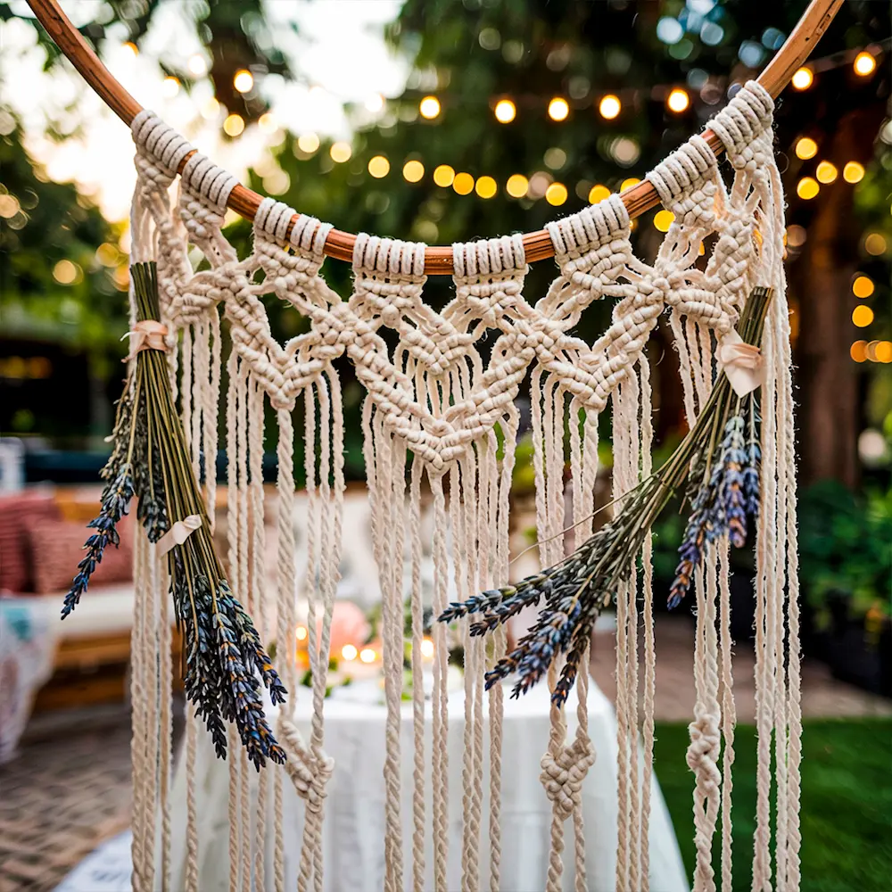 Cortina de macramé con flores moradas sobre aro de madera
