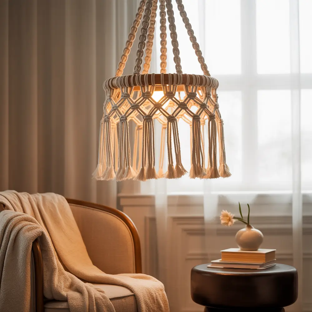 Lampara de macramé, sillón y manta