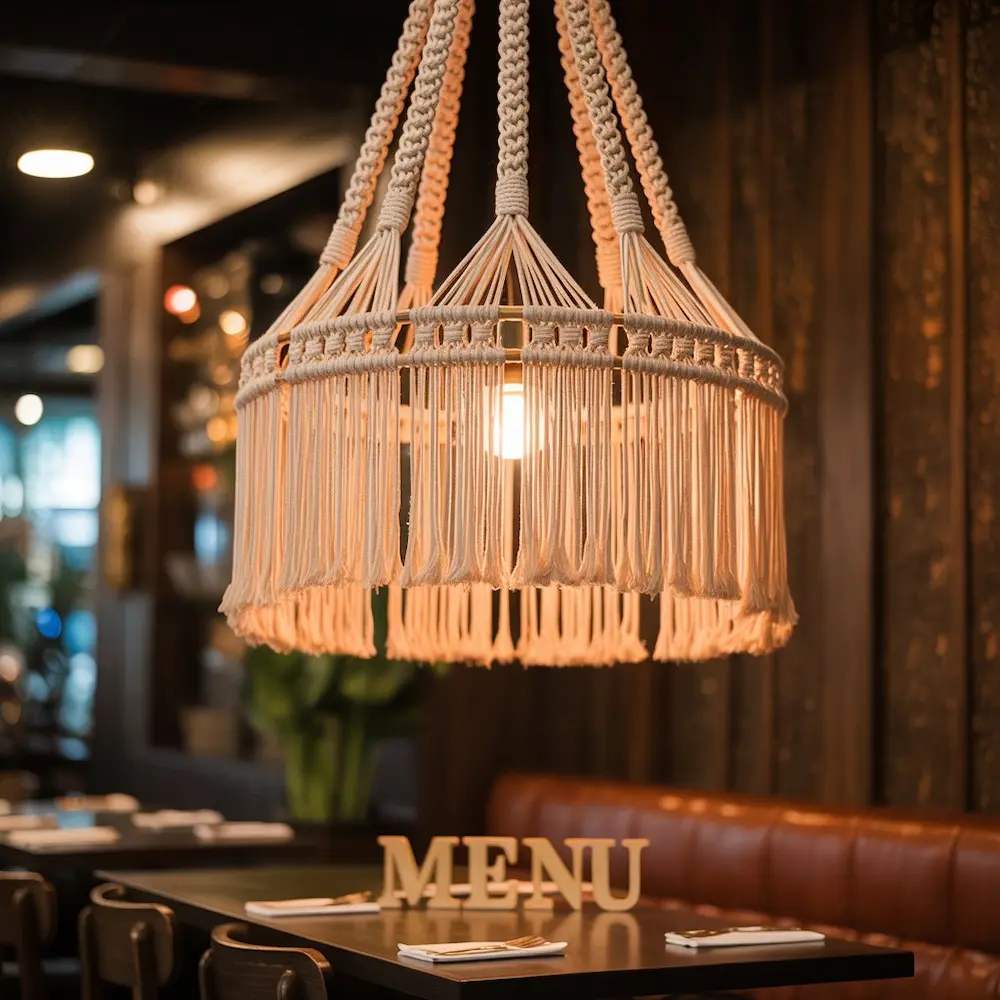 Lampara tejida de macramé con flecos en restaurante