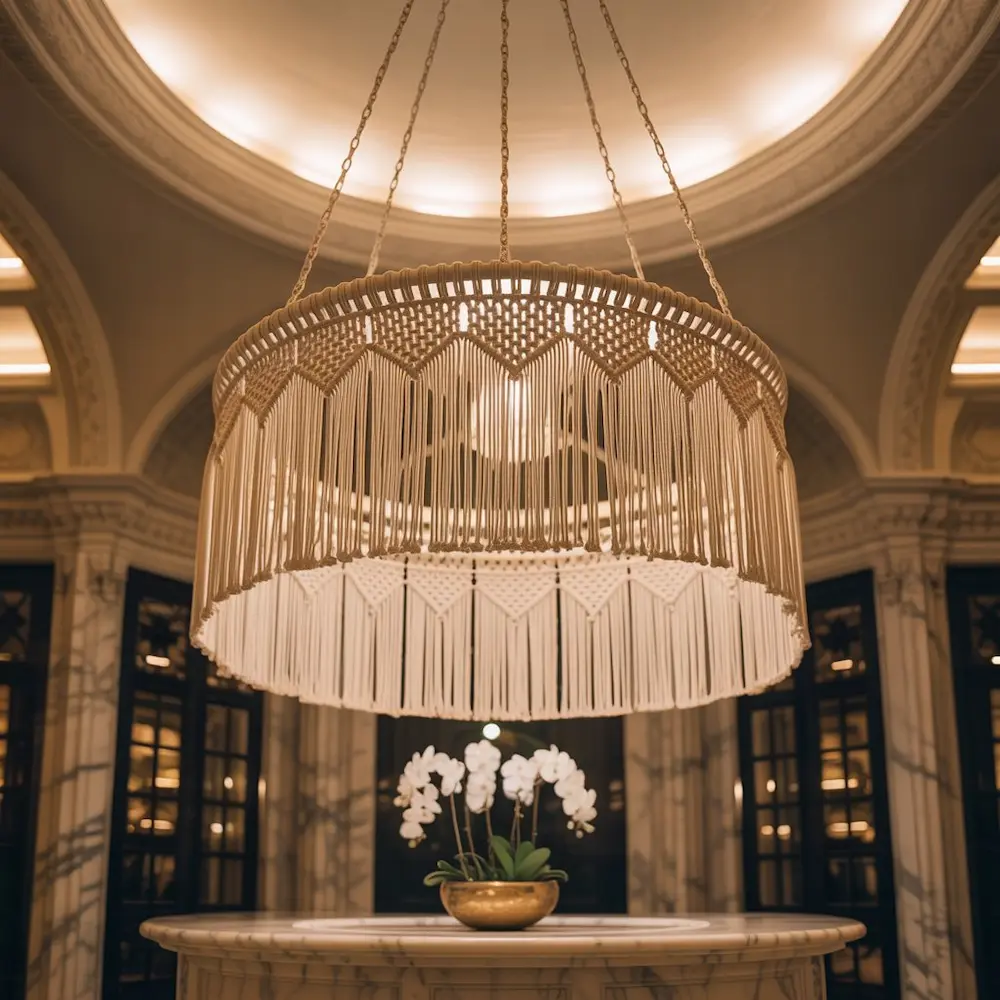 Lampara de macramé colgada en techo alto de lobby de hotel
