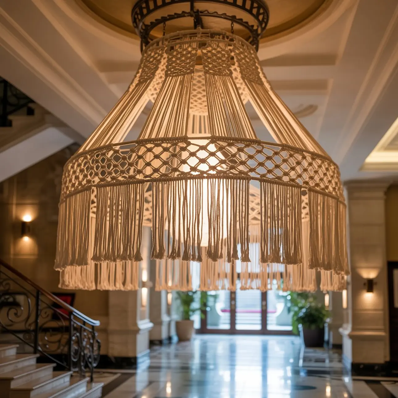 Lampara colgante de macramé en salón de hotel.