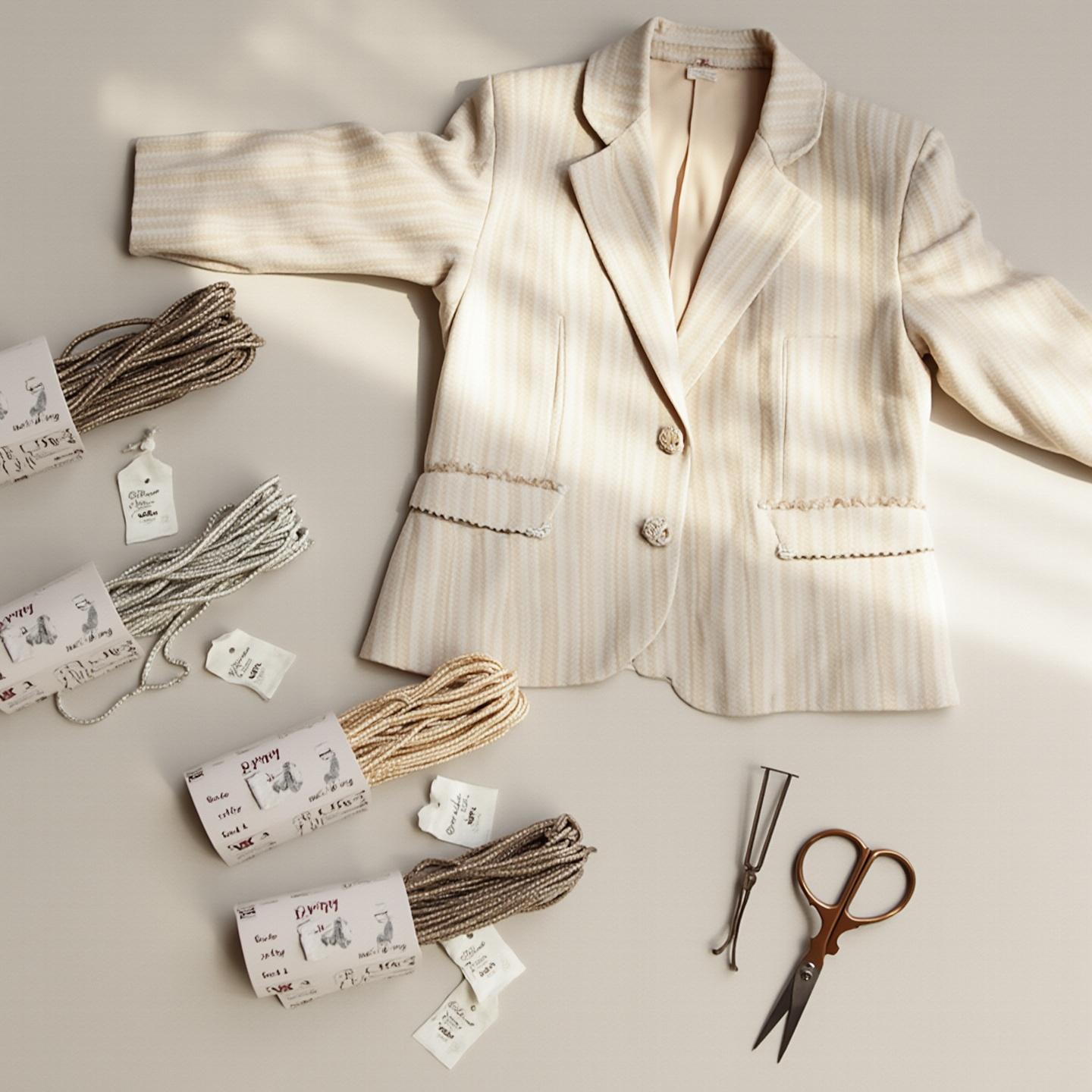 Composición plana de materiales para macramé y blazer