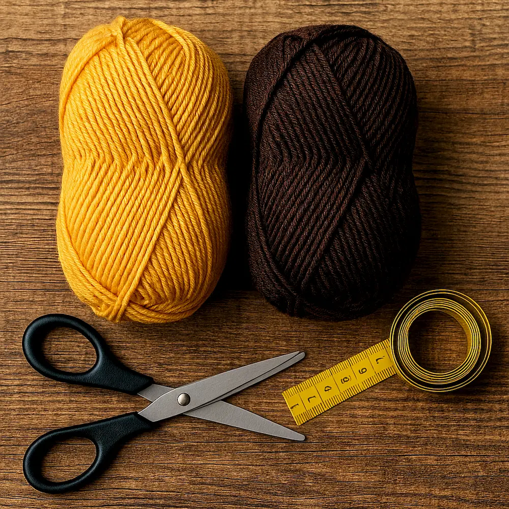 Hilos de color amarillo y marron junto a tijera y cinta metrica sobre mesa de madera