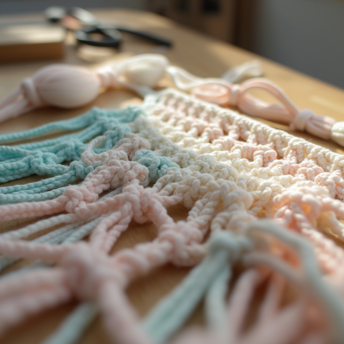 Hilos de macramé fotoluminiscentes en primer plano mostrando su textura y brillo