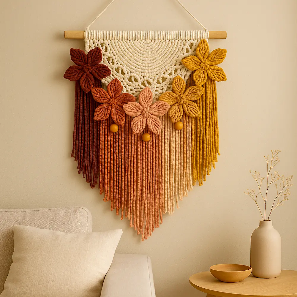 Mural de flores hechos de macrame colgado en la pared