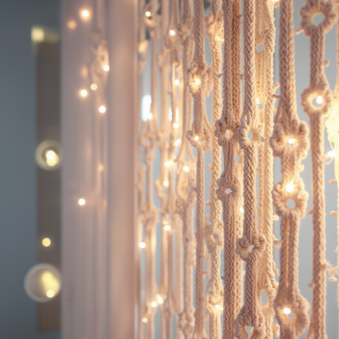 Textura de cortina de macramé fotoluminiscente brillando en la oscuridad