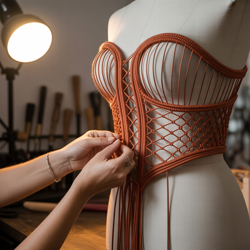 Manos de mujer tejiendo corset con tecnica de macrame