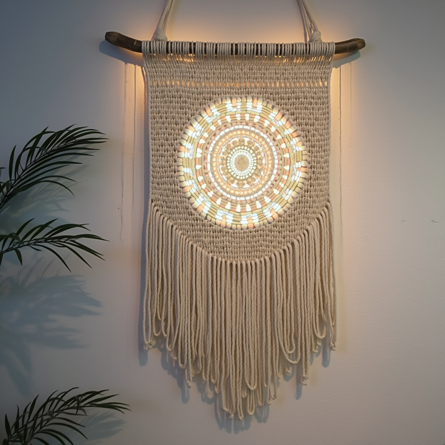 Tapiz de macramé celestial con hilos fotoluminiscentes que crean un efecto de constelación