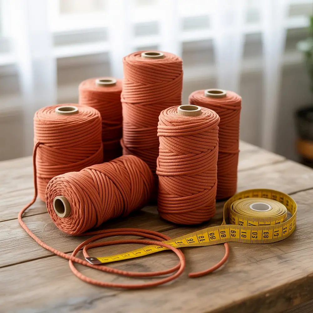 Hilos de macrame en color anaranjados y cinta metrica sobre mesa de madera