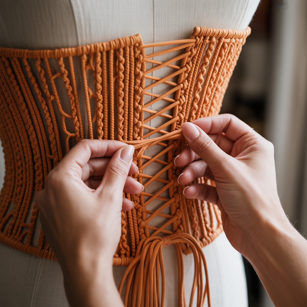 Manos de mujer atando cordones de corset de color anaranjado