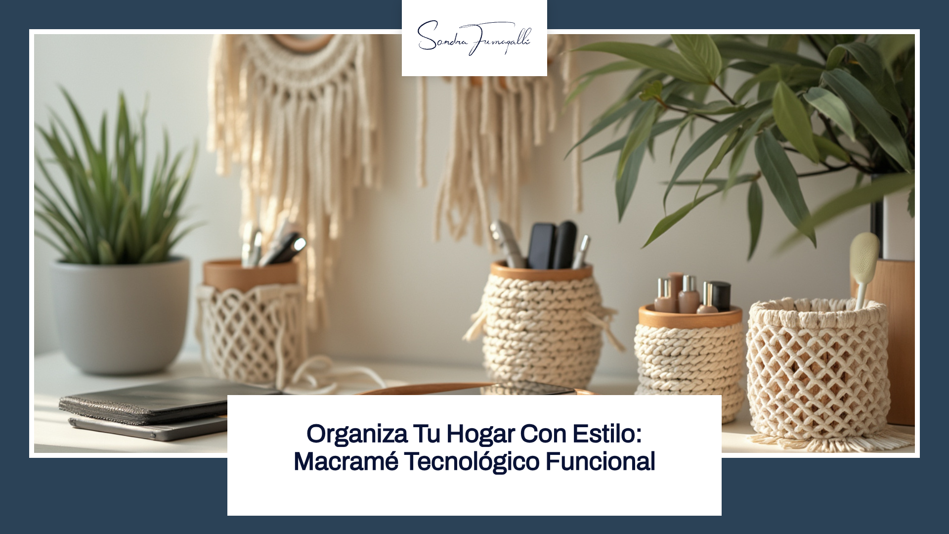Escritorio organizado con sujetadores de macramé para bolígrafos y botellas pequeñas, acompañado de plantas y un colgante decorativo de macramé. Diseño estilizado y funcional. Texto en la imagen: 'Organiza Tu Hogar Con Estilo: Macramé Tecnológico Funcional'.