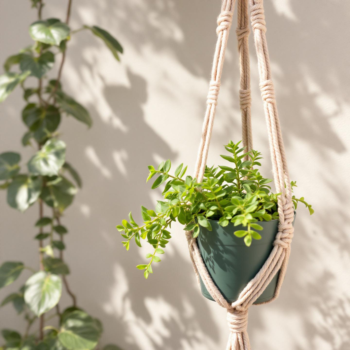 Macetero de macramé integrado en jardín exterior