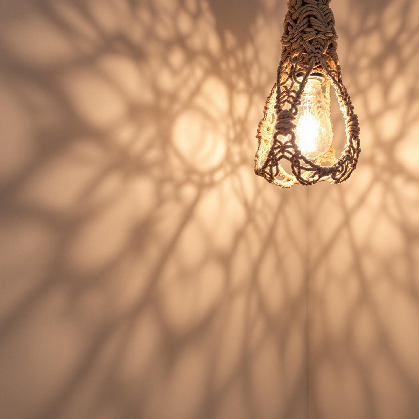 Lámpara de macramé proyectando sombras en la pared