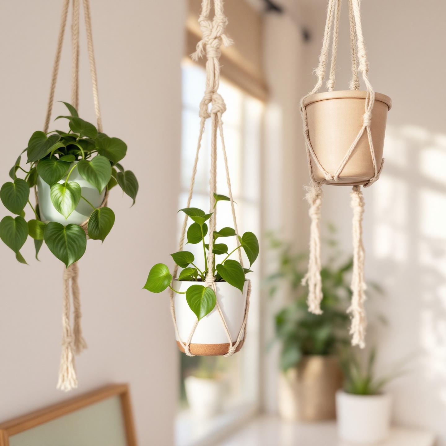 Colgantes de plantas de macramé en un interior moderno
