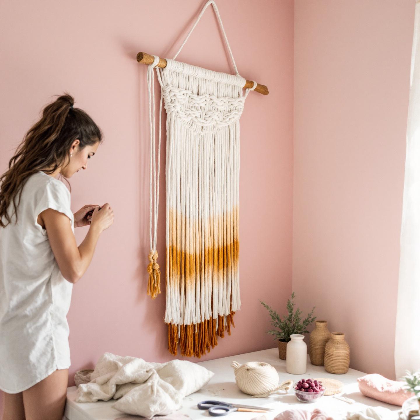 Proyecto de macramé con tinte degradado natural