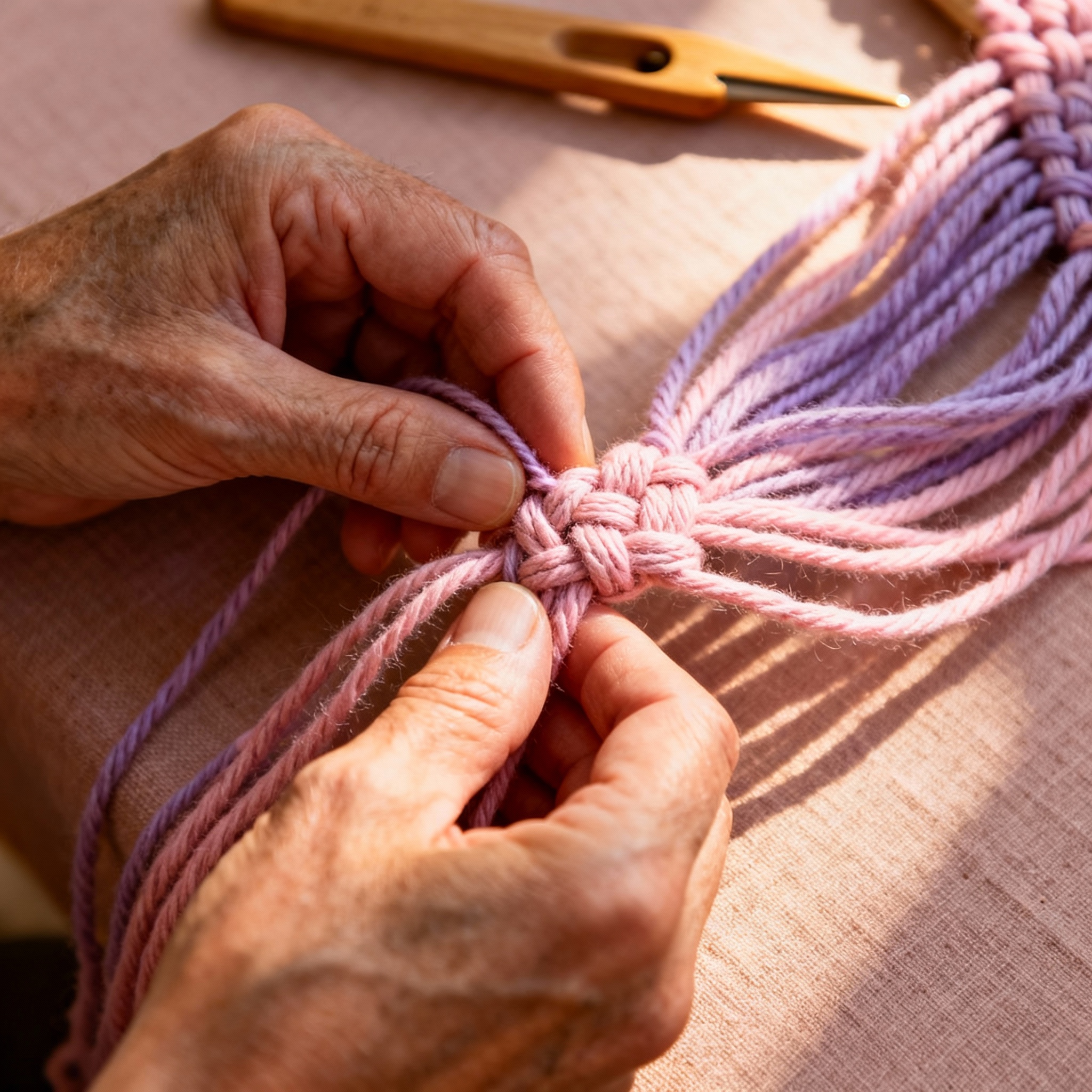 Artisan hands weaving macrame closeup