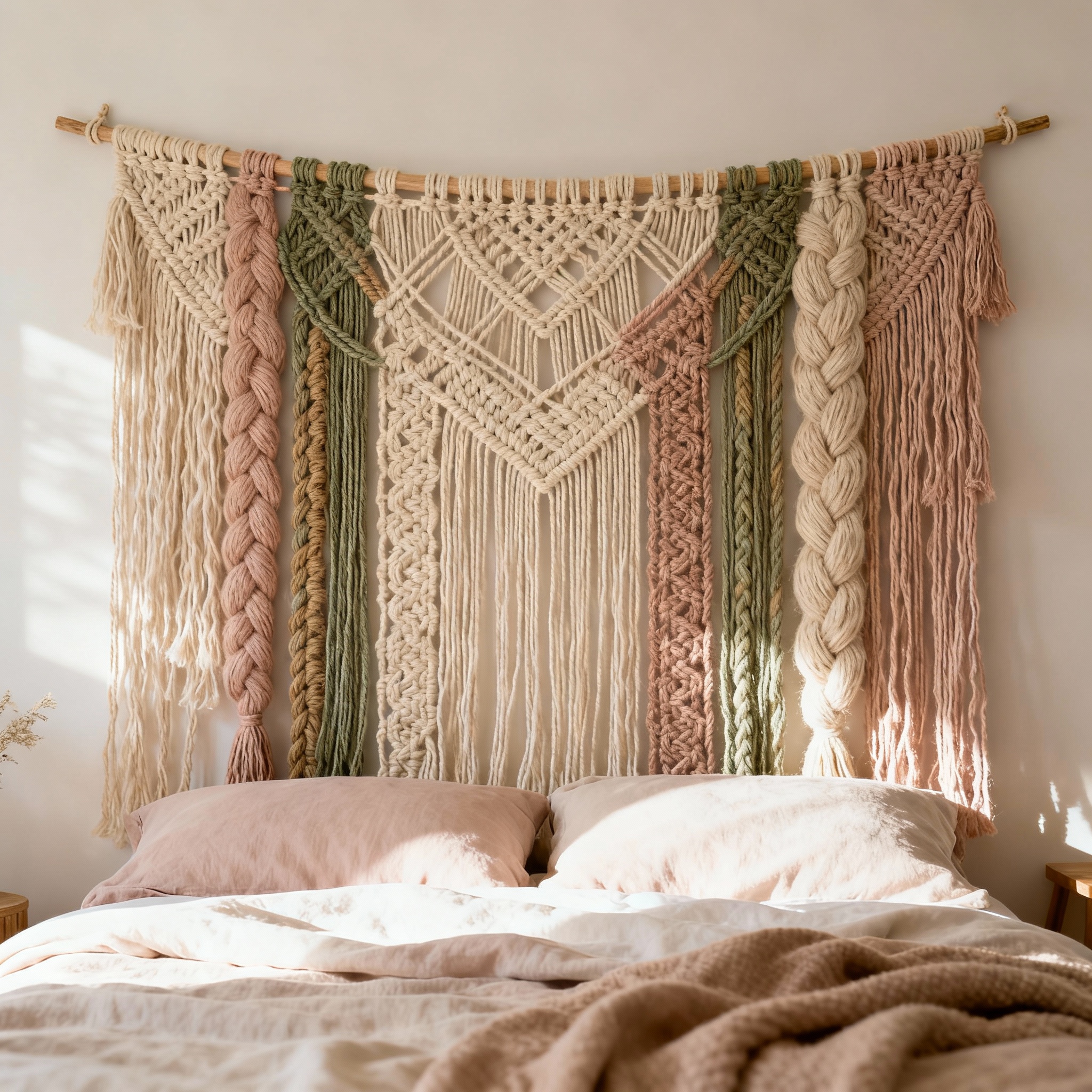 Macrame bedroom headboard texture feature