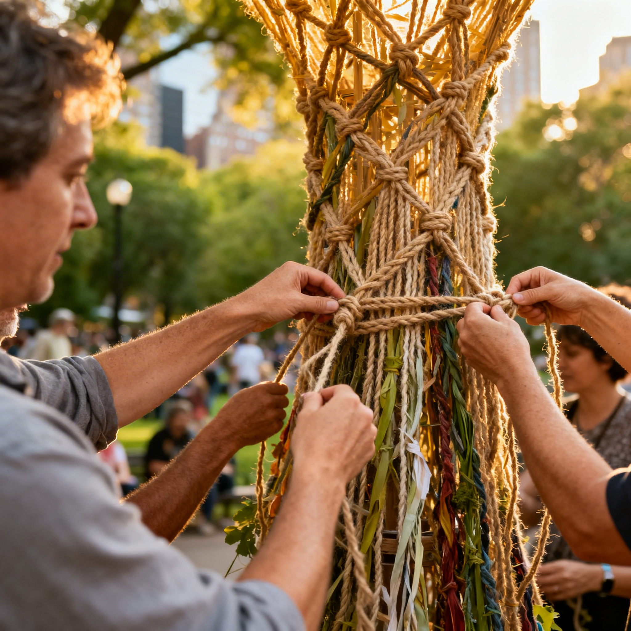 Comunidad creando una instalación de macramé juntos