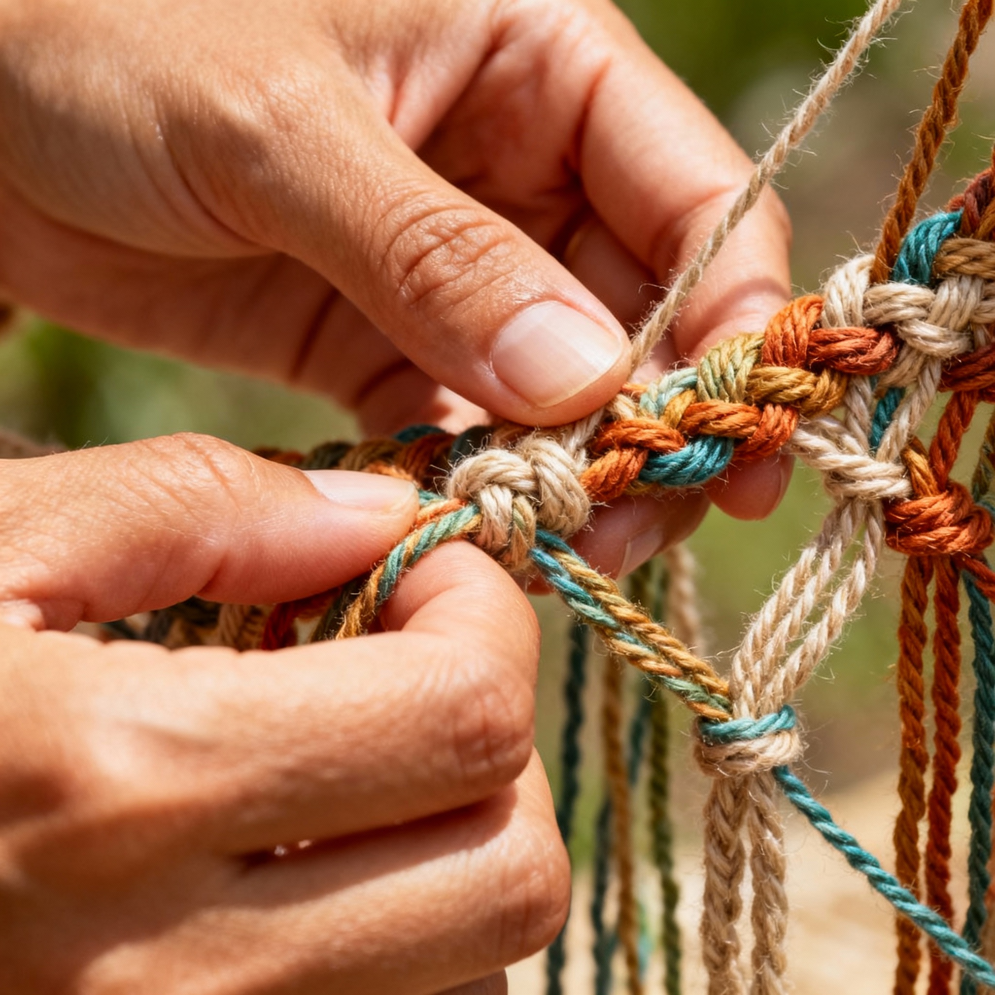 Manos tejiendo nudos de macramé