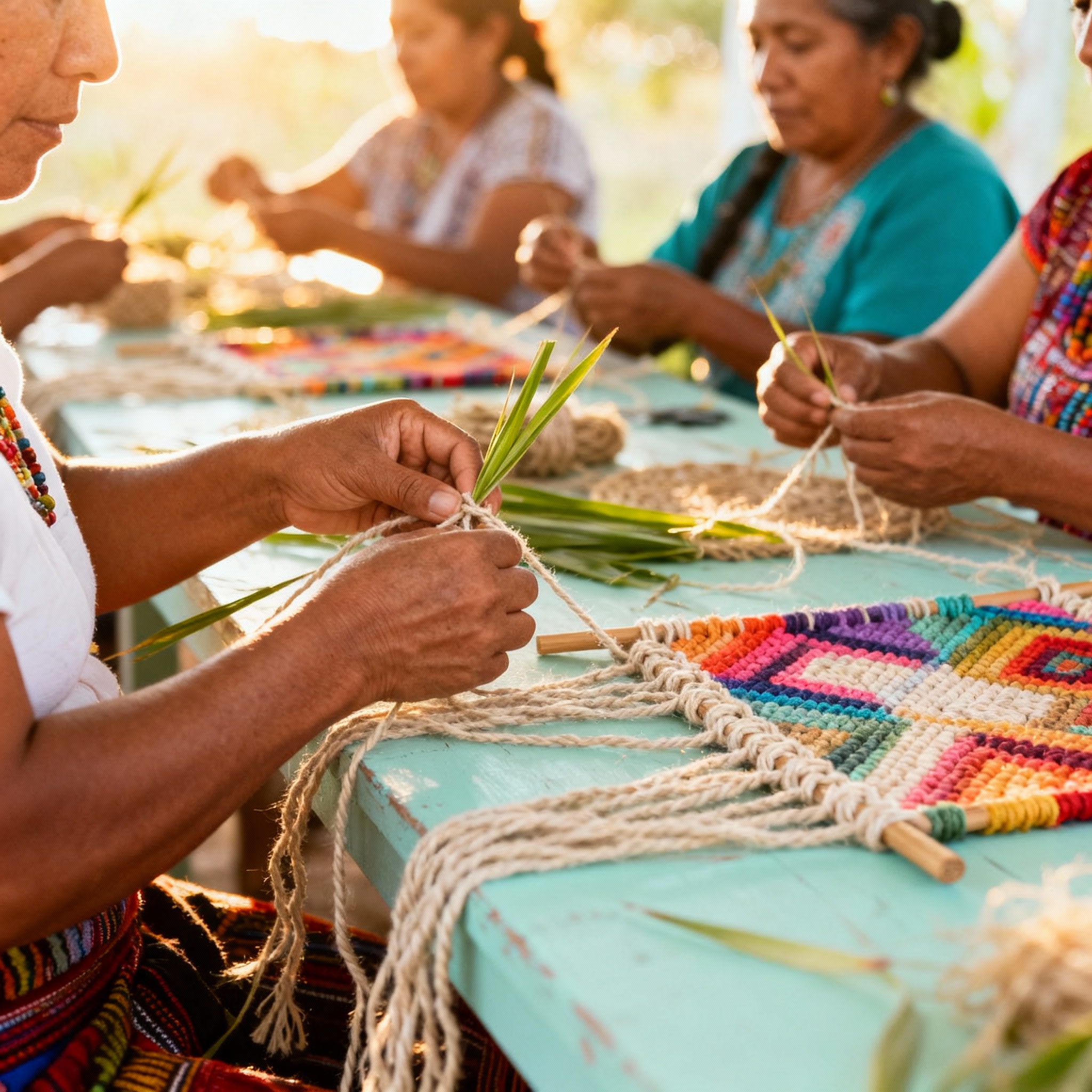 Mujeres indígenas en taller de macramé