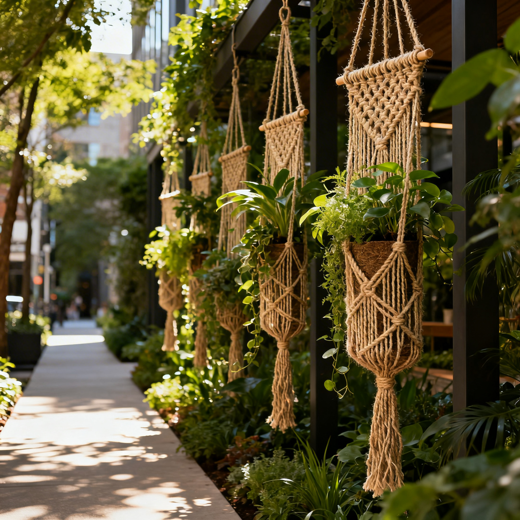 Jardín vertical de macramé en un sendero público