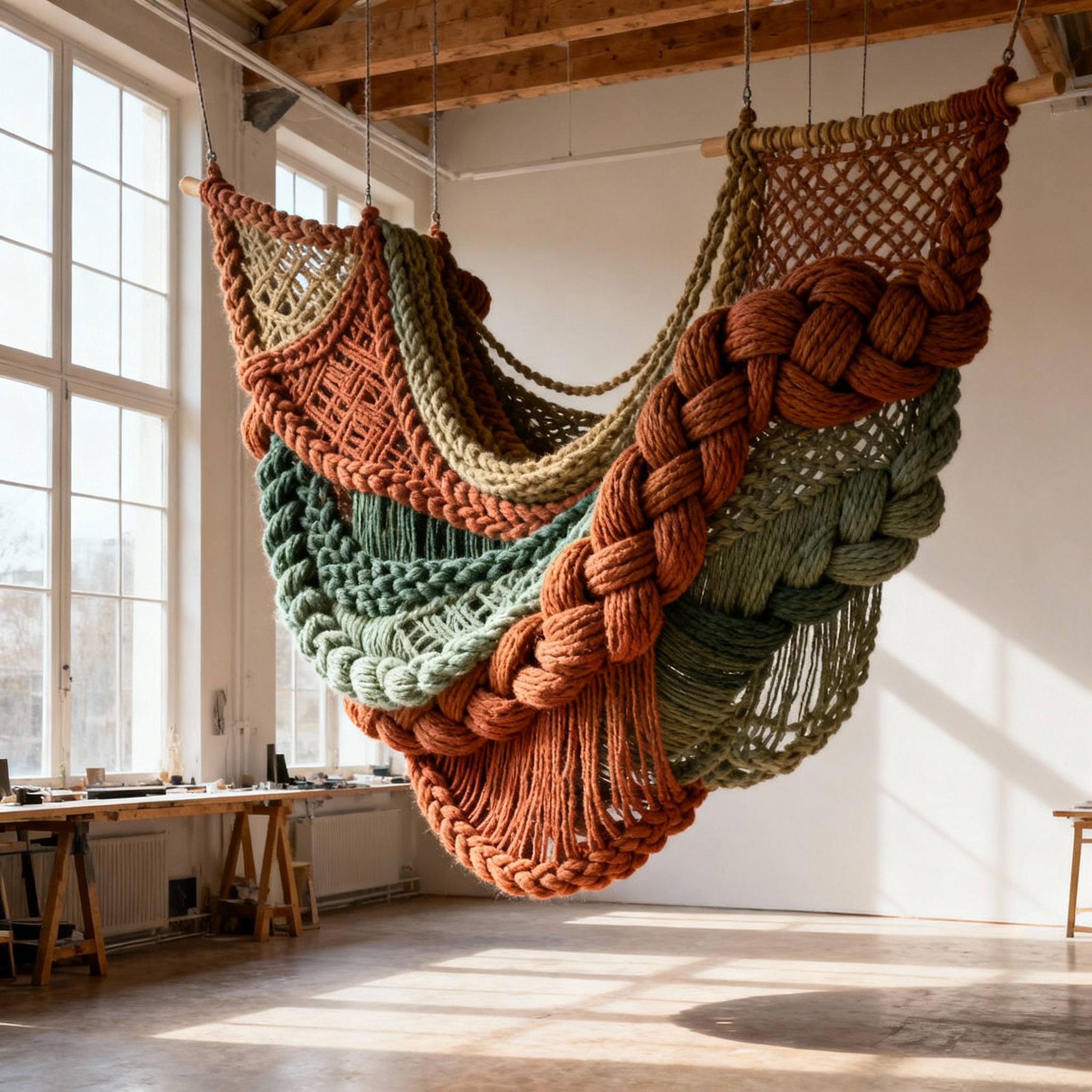 Instalación escultural de macramé